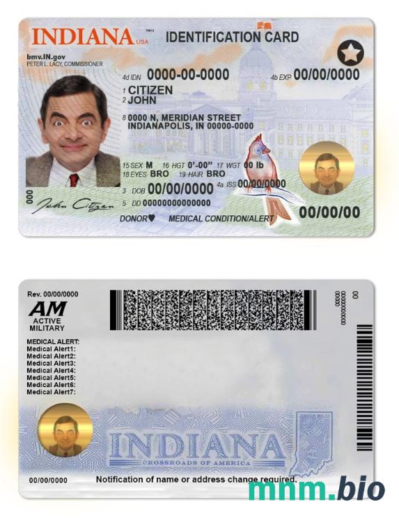Szablon dowodu osobistego stanu Indiana (USA) w PSD, w pełni edytowalny